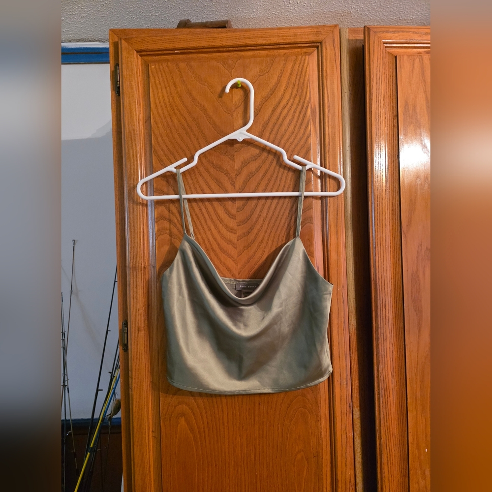 Elegant Olive Satin Cowl Neck Camisole Top by Sans Souci- Womens Size Small